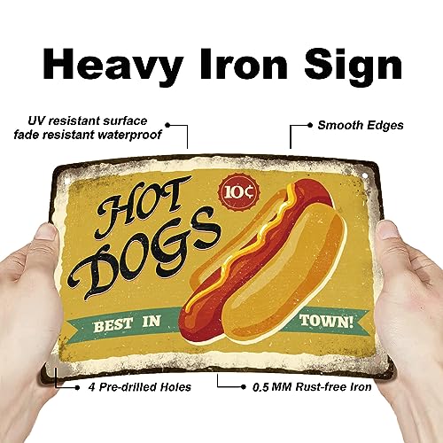 SUPERDANT Hot Dogs Best In Town Blechschild Fast Food Blechschild Vintage Deko Metallschilder Blech Lustige Retro Deko Malerei Eisendekor Für Fast Food Festaurant Outdoor Holzzaun Dekoration