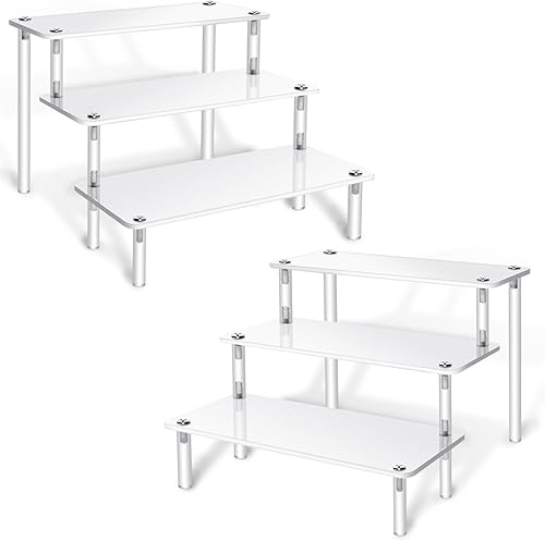 Thyores Juego de 2 elevadores de exhibición de acrílico, soporte de 3 niveles para cupcakes, mini estante pequeño, soporte transparente para