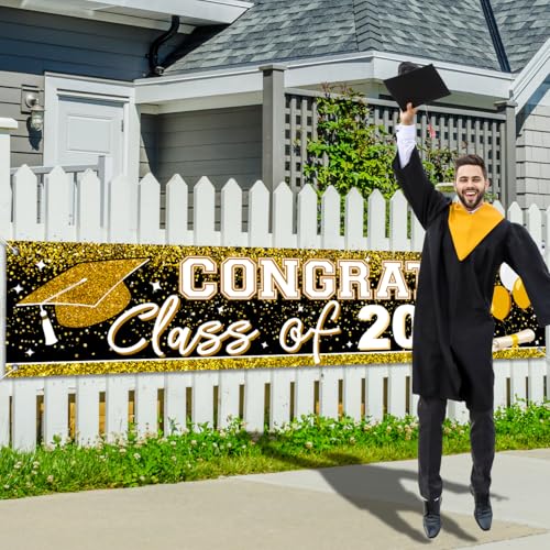 Image of Large Congrats Grad Banner Gold Class of 2026 Banner Backdrop Graduation 2026 Yard Sign for Graduation Party Supplies Graduation Decorations 2026 (Gold)