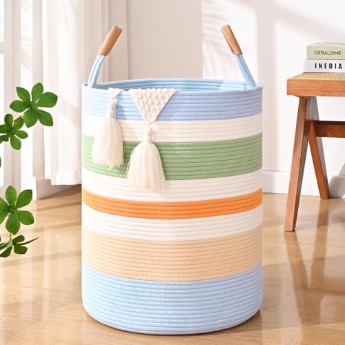Image of Degeyoyo 60L Striped Laundry Basket, Rainbow Laundry Hamper with Leather Handles, Woven Cotton Rope Storage Bin for Blankets, Nursery Hamper for Clothes, Toys In Bathroom, Livingroom, Bedroom