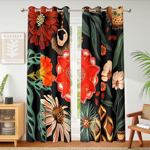 Image of Tyrot Black Floral Grommet Blackout Curtains, 52W x 84L, 2 Panels