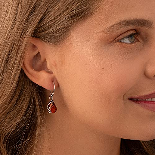 Peora Genuine Baltic Amber Teardrop Earrings For Women 925 Sterling Silver, Rich Cognac Color, Fishhooks #TOP1