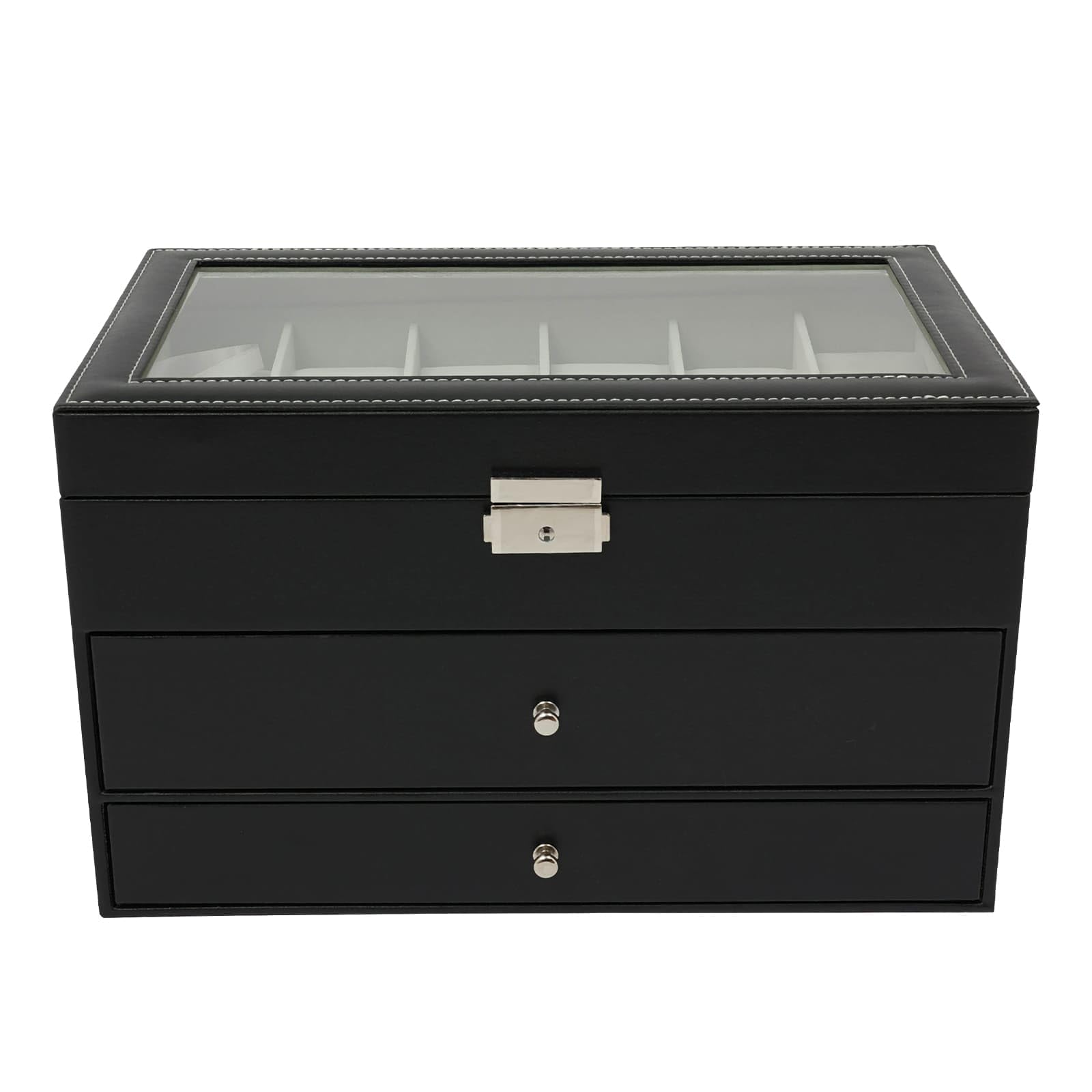 Caja para relojes y joyas, 3 niveles, con cajones, tapa transparente, 33,5 x 19,4 x 20,5 cm, color negro