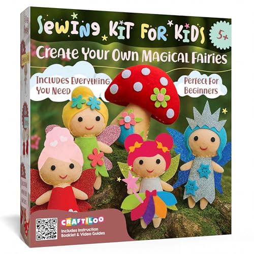 CRAFTILOO Fairy Sewing Kit for Kids Ages 5-12 – Beginner Sewing Kit with 5 Pre-Cut Felt Projects – Make Your Own Stuffed Animal Plush Dolls – Fun Girls Craft Kit, Learn to Sew Gift for Kids