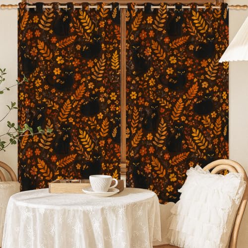 Rideaux occultants salon chambre chat fleurs feuilles orange 106x114 - 3