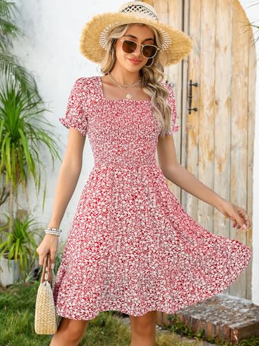 Image of Lyrur Women's Short Sleeve Summer Dresses 2026 Spring Casual Square Neck Easter Dress A-Line Tiered Sundress with Pockets