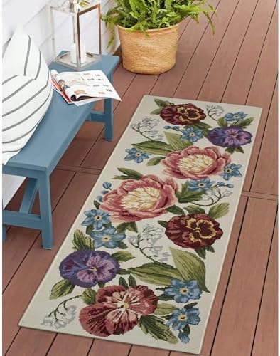 Liora Manne Esencia Machine Washable Non-Slip Low Profile Indoor/Outdoor Mat-Transitional, Garden, Floral, Botanical, Secret Garden Cream 1'11" x 4'11"