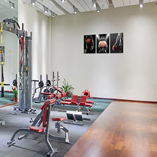 Kawahone -3 Pieces Basketball Art Prints Black And White Wall Art Antique Basketball And Low Angle View Basketball Hoop Sport Canvas Art For Bedroom Gym Room Decoration Boys Gift Framed-12X16Inx3Pc #TOP4