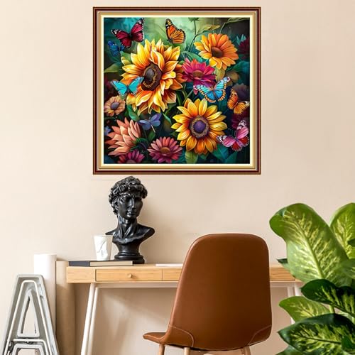 Image of Fanxvivy Stamped Counted Cross Stitch Kits for Adults Printed Cross-Stitch Patterns 11CT Stamped or Counted Cross Stitching Embroidery Kit Needlepoint Kits-Butterfly Sunflower 18x18 inch