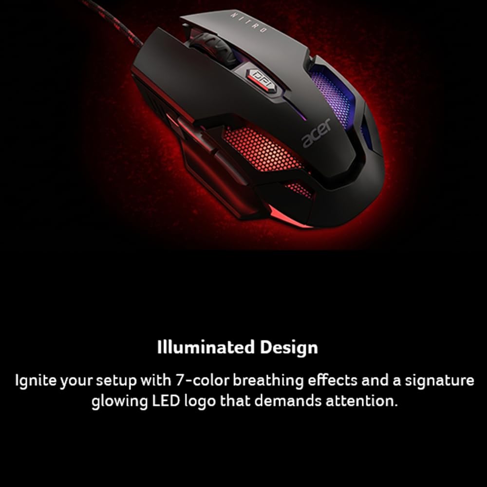 acer Nitro Gaming Mouse III: Mouse ottico da gioco 6D con alta frequenza di polling di 125 MHz, 7 luci di respirazione colorate con logo e motivo LED, 6 spostamenti DPI opzionali (800-7200), 6