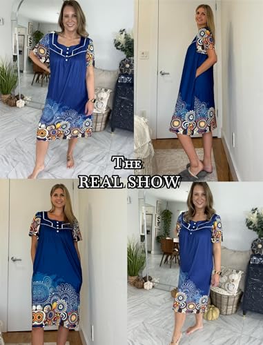 Image of Ekouaer Women's House Dress with Pocket Button Mumus | Short Sleeve Nightgown, Floral Print Mumu Dresses, Square Casual Sleepwear, Boho Roomy Housecoat, Plus Size Soft Sleepwear