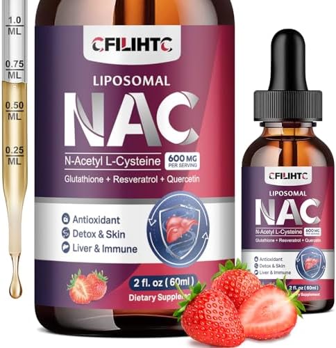 Liposomal Liquid NAC Supplement N-Acetyl Cysteine Drops, N Acetyl Cysteine 600mg with Glutathione, Resveratrol & Zinc for Adults & Kids Liver Lung Antioxidant Immune & Skin Health, Strawberry 2 Fl Oz