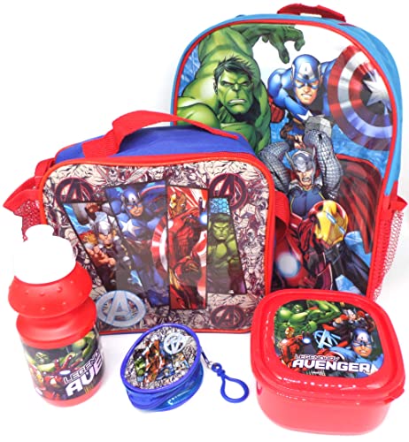 Marvel Avengers Geschenkset Rucksack + Geldbörse + Isoliertasche + Trinkflasche + Pausenbrotdose - Offiziell Lizensiert - Backpack + Coin Purse + Lunch Bag + Sports Bottle + Sandwich Box - Gift Bundle