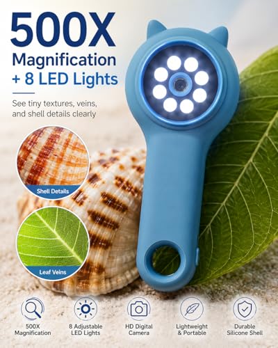 Image of 2Pcs Blue Microscope for Kids-200X Portable Digital Mini Microscope- Your Little Scientist Miniscope - STEM Toy for Age 5 6 7 8 9 10 11 12 Years Old Toddlers.