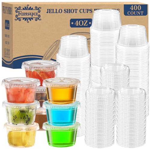 Fansyer 400 sets - 4 oz Portion Cups with Lids, Jello Shot Cups with Lids, Bulk & Clear Sauce Cups for Meal Prep, Disposable Small Plastic Containers for Salad Dressing, Condiment, Snacks