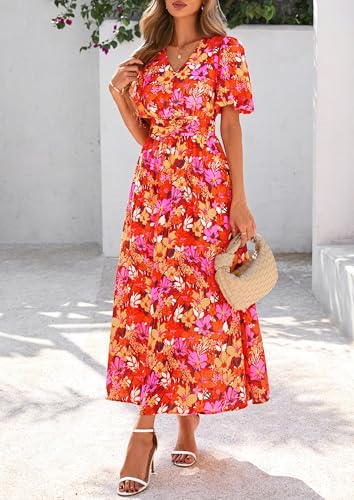 Image of PRETTYGARDEN Womes Boho Maxi Dresses 2026 Summer Spring V Neck Puff Sleeve Empire Waist A Line Flowy Long Beach Floral Dress