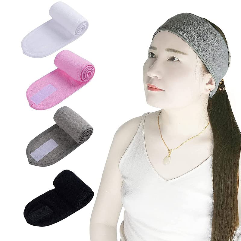 Facial Spa Headband - 4 Pcs Makeup Shower Bath Wrap Sport Headband Terry Cloth Adjustable Stretch Towel with Magic Tape (Black+Gray+White+Pink) | Multi | 4 Pieces-image-19