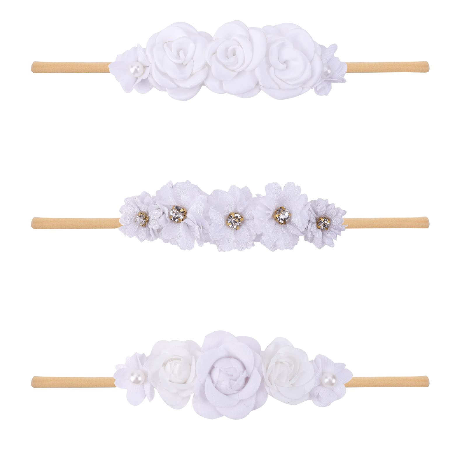Bfnaagirl Fascia Elastica In Nylon Con Fiori Per Neonato, 3 Pezzi, Accessori Per Capelli, Regalo Per Ragazze, Taglia Elastica, Set Di 3 Pezzi-image
