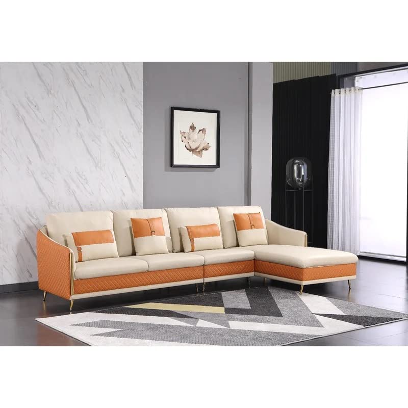 Image of Sofa Set T&T Co. Unique Verstile Design 3 Seater Sofa and 1 Chaise Luxury Imperia Collection Cushion Back with Upholstered Soft Touch Premium Leatherette for Living Room Loung (Orange & Beige)