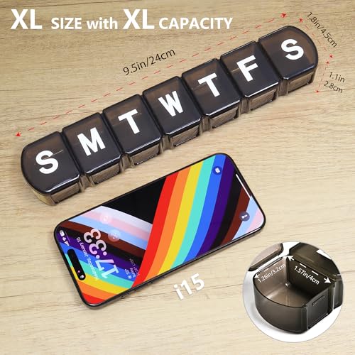 Image of XL Weekly Pill Box Organizer 7 Day, 1 Week Jumbo Pill Dispenser Case One Time a Day, MOLN HYMY Daily Medicine Container to Hold Medication, Vitamins, Fish Oils and Supplement (Black