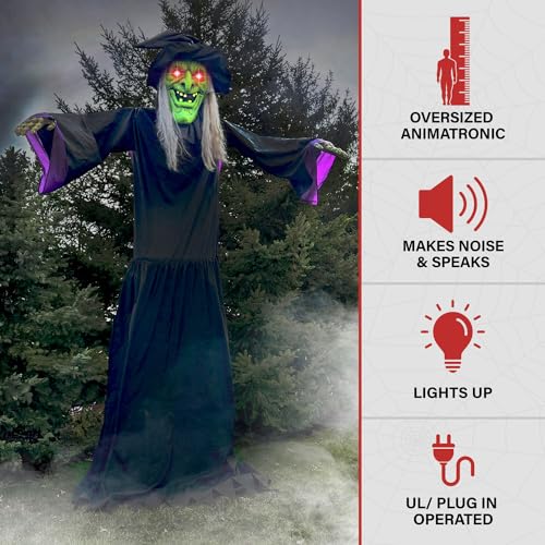 Haunted Hill Farm 15-ft. Animatronic Scary Talking Witch with Touch Activated Lights and Sound, Battery-Operated Outdoor Halloween Decoration
