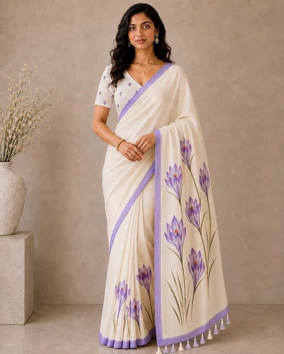 Image of Lilan Cotton Saree with White Daisy Floral Prints Tassel Pallu Lightweight Summer Saree