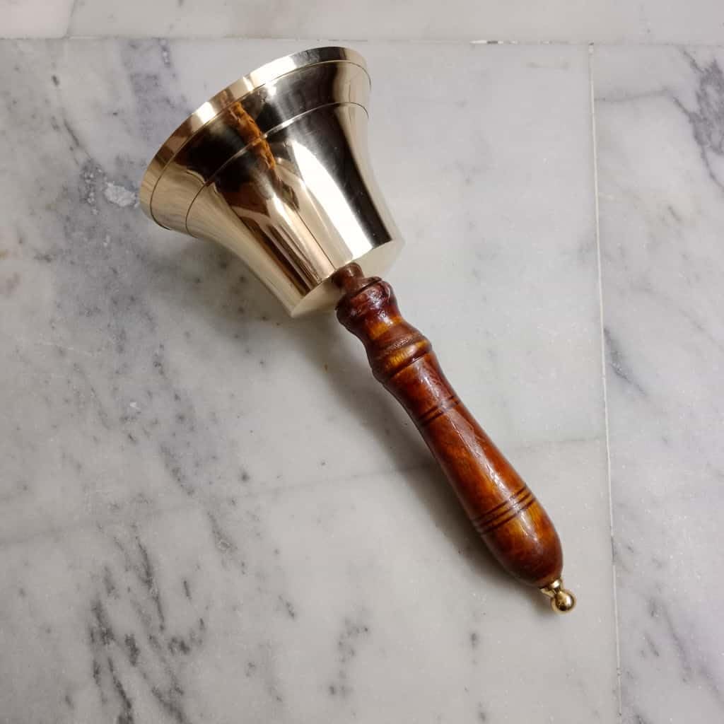 Vintage Hand Bell with Wooden Handle, Polished Brass and Wood, Traditional School Teacher Style, Decorative Desktop