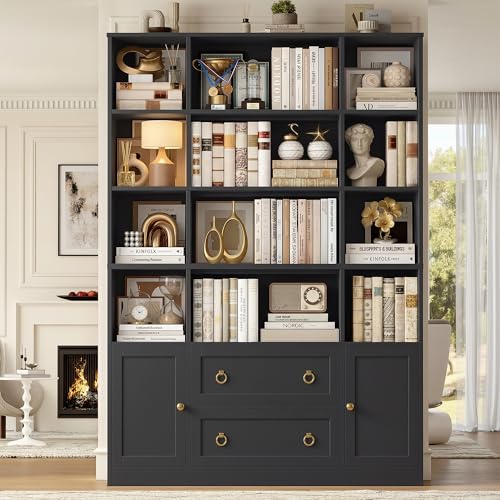 FINETONES 71" H Black Bookshelf with Doors, 6 Tier Tall Bookcase with Drawers, Triple Wide Large Bookshelves and Bookcases, Wood Book Shelf Storage Cabinet for Home Office, Black - Image 4