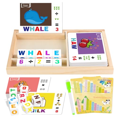 Image of 7 in 1 Learning Toy for Kids 2-10 Year Old, Wooden Word Spelling Game Counting Puzzle, Montessori Educational Alphabet Cube Toys w/Sight Words Reading Blocks Matching Letter Sorting Gift for Boy Girl