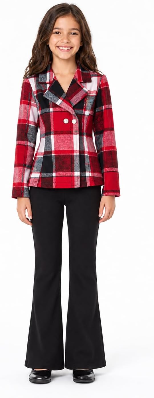 Girls Clothes 2 Piece Outfits Plaid Flannel Long-Sleeve Top and Flare Pants- Fall Winter Clothing Sets 7-14 Years image 2