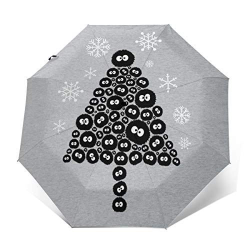 Soots Sprite Christmas Tree Studio Ghibli Windproof Compact Auto Open And Close Folding Umbrella,Automatic Foldable Travel Parasol Umbrella