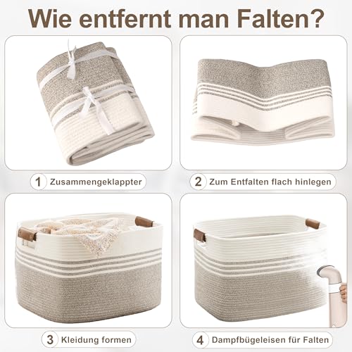 Wäschekorb Geflochten Groß aus Baumwollseil, 60L Aufbewahrungskorb mit Lederhenkeln, Korb für Decken, Kleidung, Spielzeug, Laundry Basket für Kinderzimmer Wohnzimmer, 53 x 38 x 29 cm, Weiß und Braun