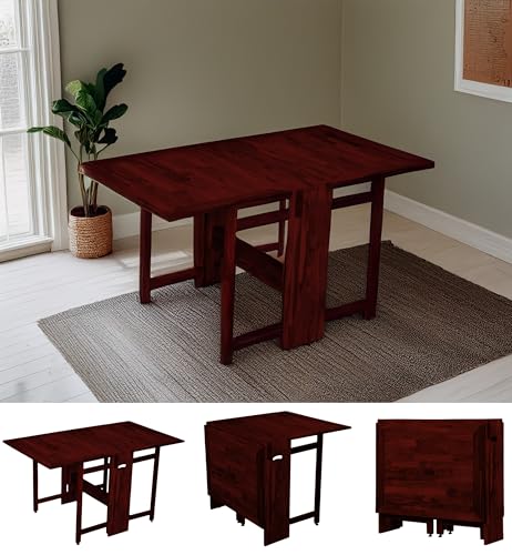 Image of Dawn Riser Two-Side Folding Teakwood Table - Space-Saving Design, Sturdy, Adjustable Levelers, Multi-Purpose Dining, Work, Study, Easy Assemble, Compact Indoor Outdoor Use - DIY Model - Mahogany