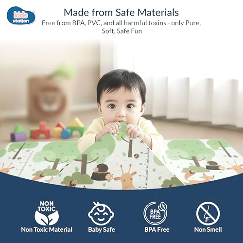 Image of Kids Station Double-Sided Waterproof Baby Playmat - Foldable, Portable & Reversible Foam Mat for Infants, Toddlers & Kids - Soft, Non-Slip, Easy-to-Clean Baby Crawling Mat for Indoor /Outdoor Use (200x150x0.6cm, Colourful Giraffe & Bear Print)