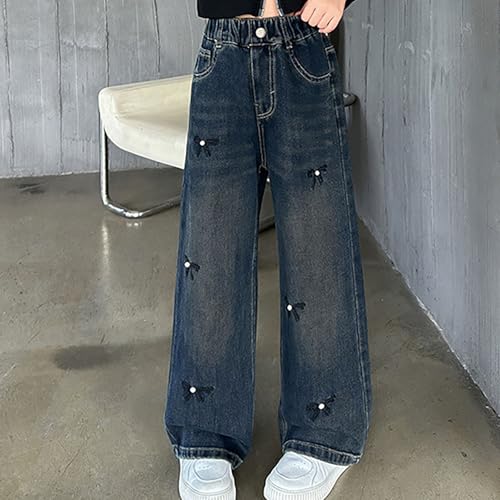 Bow Jeans for Girls Straight Leg Baggy Button Denim Pants Elastic Waist Trousers Kids Trendy Y2k Streetwear with Pockets2