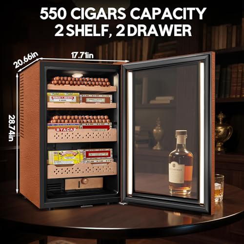 Image of Tylza Leather Trim Cigar Humidor, 70L Cigar Humidor Cabinet with Auto Humidity & Temp Control, 550 Counts, 3 LED Lights, Spanish Cedar Wood, Cigar Humidors with Safety Lock, Gifts for Men