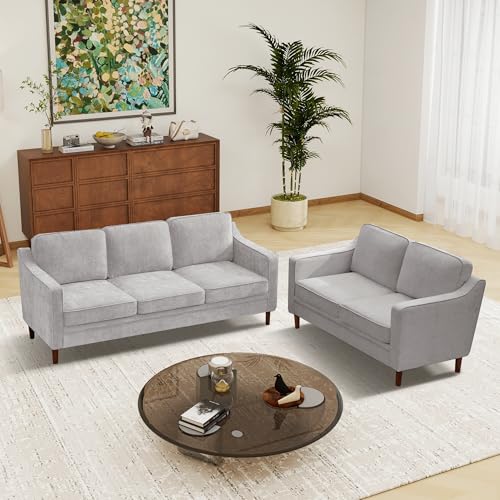 Image of Kingfun Couch Sets for Living Room, 3 Seater Couch and Loveseat, Mid Century Modern Sofa Set, Chenille Couch with Solid Wood Frame for Bedroom