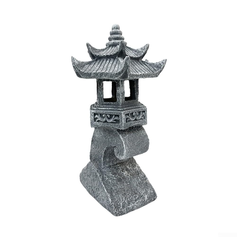 Lanterne solaire en résine style pagode imitation pierre LED pour allée, allumage automatique, décoration de jardin zen, gris, 32,5 cm, statue d'extérieur (A)