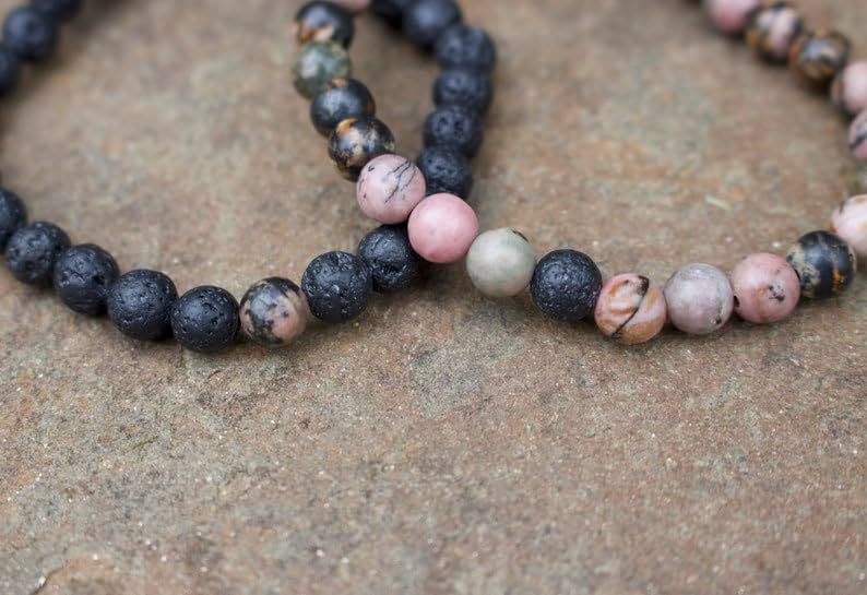 Bracelets couples perles 8mm en rhodonite et lave authentique - 3