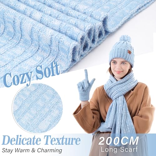 Womens Winter Warm Beanie Hat Touchscreen Gloves Long Scarf Set Rib Cable Knit Fleece Lined Skull Pom Caps4