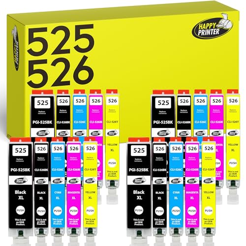 Happy Printer 20 XL wkłady do drukarek kompatybilne z Canon PGI-525 / CLI-526 dla Pixma IP4850 IP4950 IX6550 MG5140 MG5150 MG5240 MG5250 MG5300 MG5340 MG5350 MX715 MX885 MX895