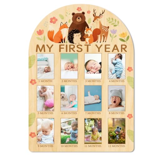 ORIGACH My First Year Baby Growth Photo Display Wood Board - 12 Months Newborn Milestones Photo Board - Neutral Baby Keepsake Frame 1st Birthday Party Nursery Decor New Mom Gift - Forest Animals