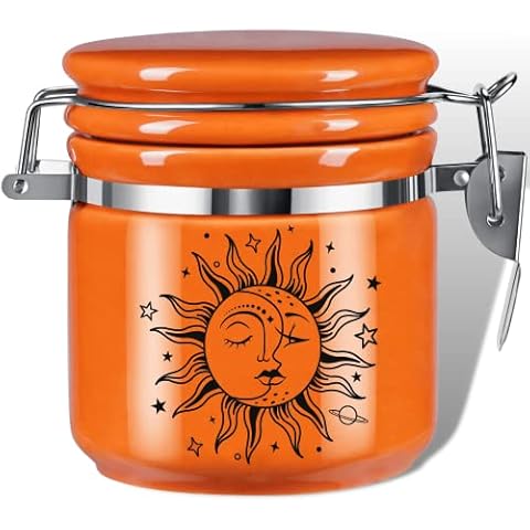 KARCOOL Sun Moon Stash Container Half Oz (250ml), Ceramic Cute Stash Jar Containers w/Clamp Lid, Mystical Celestial Aesthetic Decorative Jar Storage - Double Sealed Airtight Herbs Fresh Jar -Orange Cover
