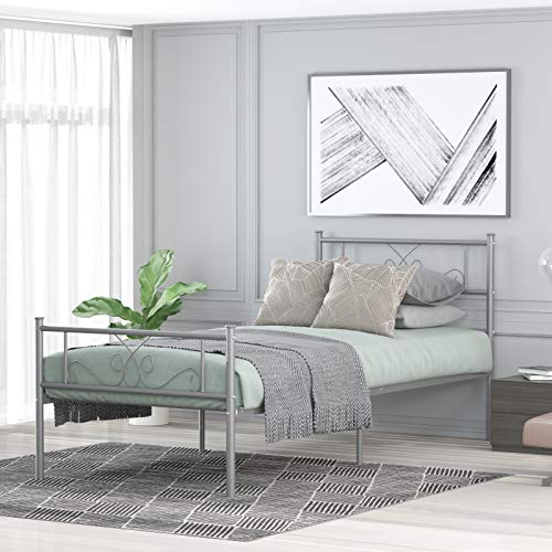 SimLife Stable Frame Size 6 Legs Two Headboards Mattress Foundation Steel Platform Bed Box Spring Replacement (Twin, Silver),