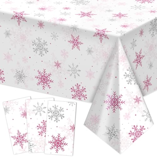 Image of Labeol 3 Pack Christmas Tablecloth, 108 x 54 inch Pink Snowflake Tablecloth for Table Decorations, Waterproof Disposable Plastic Rectangle Table Cover for Christmas Winter Holiday Party Supplies