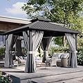 Aoxun 12Ft X 12Ft Hardtop Gazebo, Aluminum Metal Outdoor Gazebo with Breathable Netting and Curtains, Galvanized Steel Double Top, Permanent Patio Pavilion for Dining, Wedding, Party