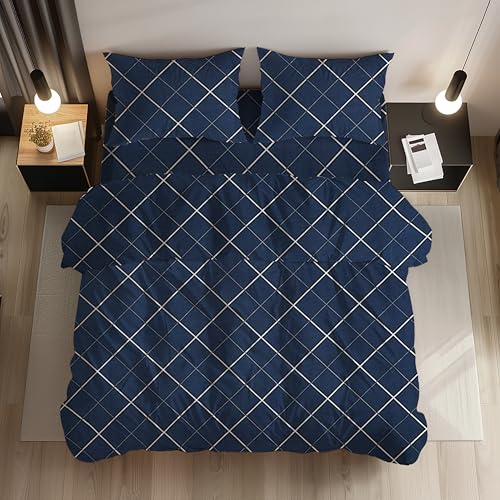 Image of LOOMLYFE 300 TC All Season King Size AC Comforter || Blanket || Duvet with 1 King Size Elastic Fitted Bedsheet and 2 Large Pillow Cover - 4 Piece Comforter Set - BlueWhiteLines