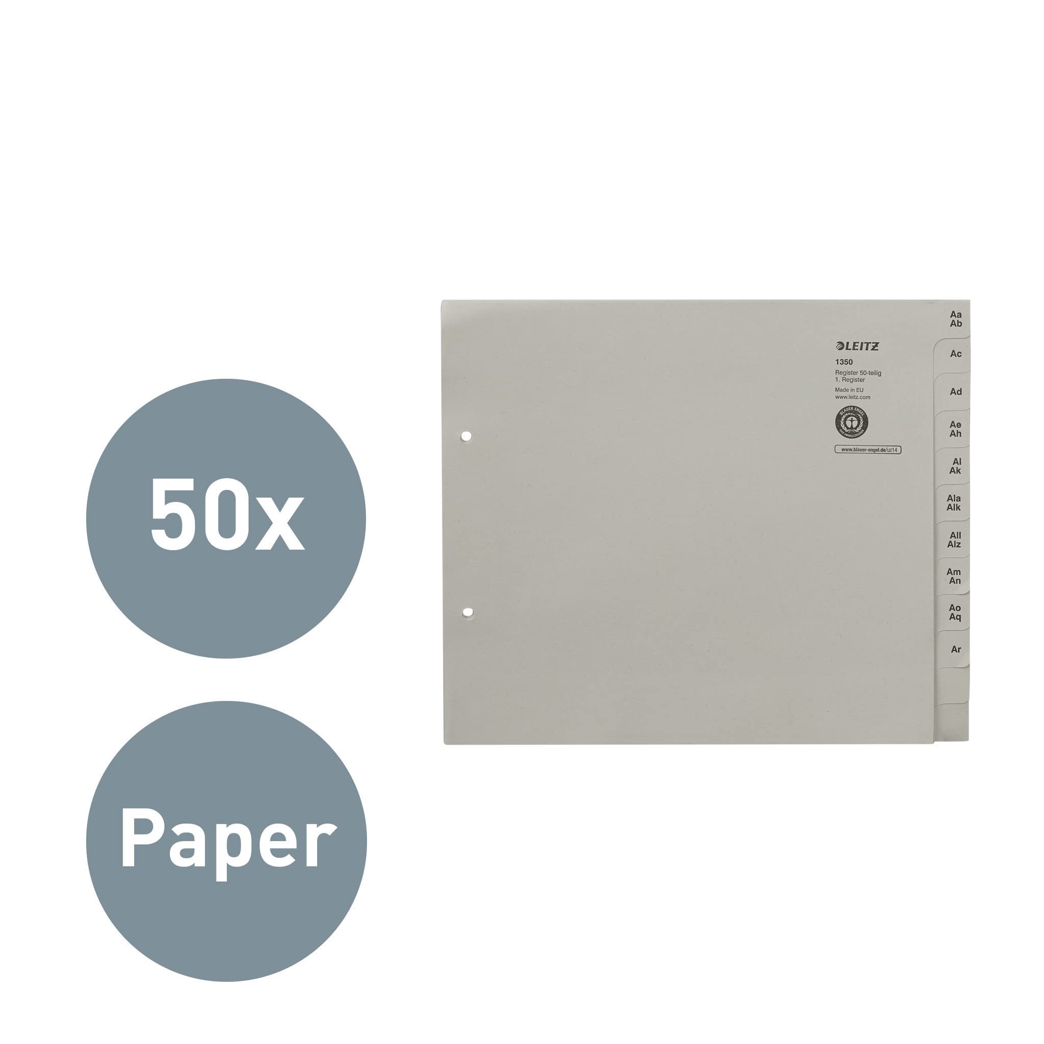 Leitz Register, Trennblätter mit Taben und alphabetischem Aufdruck A-Z für 50 Ordner, Halbe Höhe und Überbreite, Grau, 100% recyceltes Papier, Blauer Engel Siegel, 13500085