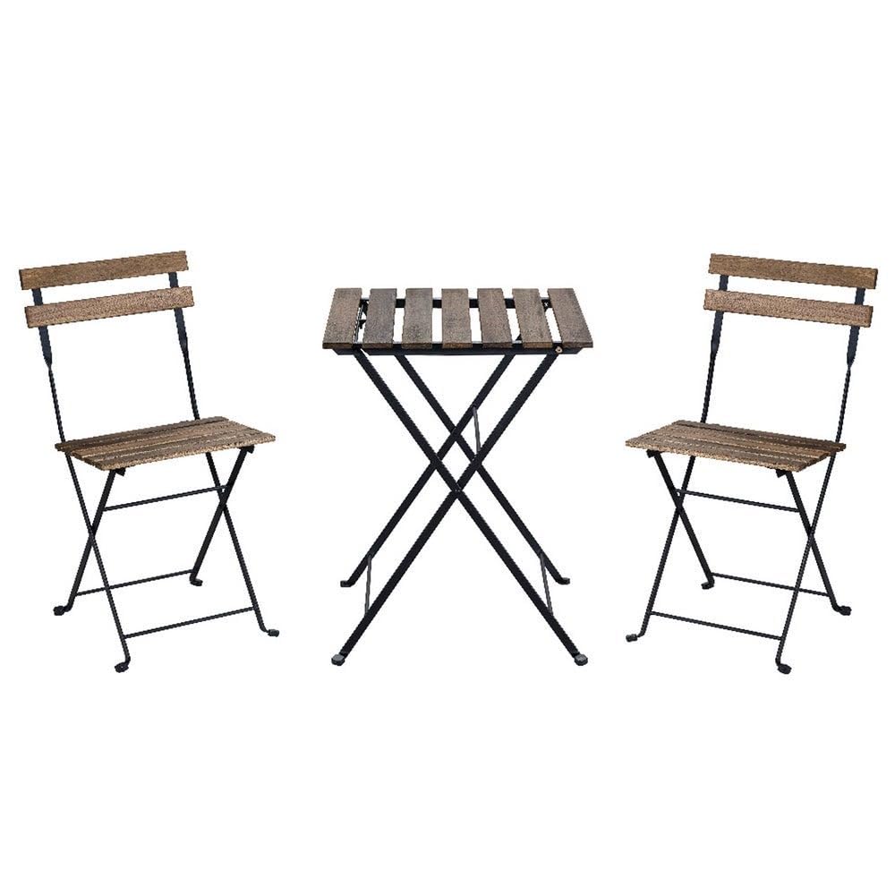 LOLAhome Set Muebles de Balcón Completo | Mesa y 2 Sillas Plegables, de Madera y Acero Negro | Tratamiento Anticorrosión y Madera Sostenible | para Jardín, Terraza o Balcón | Sirio