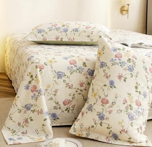 Image of VAS COLLECTIONS King Size Bedsheet Set Cloud Cotton 270x240 cm | Soft Breathable Flat Bed Sheet with 2 Pillow Covers | Floral Printed Bedsheet for King Bed | Durable Bedding Set, Vintage Blue